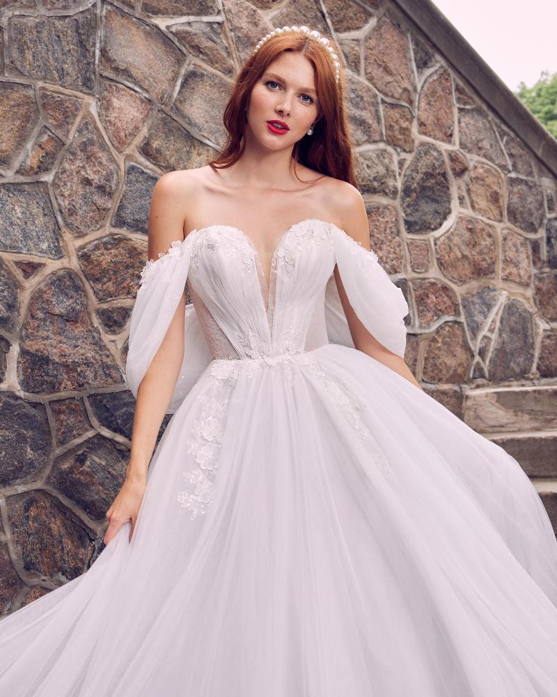 La22125 off the shoulder or strapless wedding dress with lace and tulle3